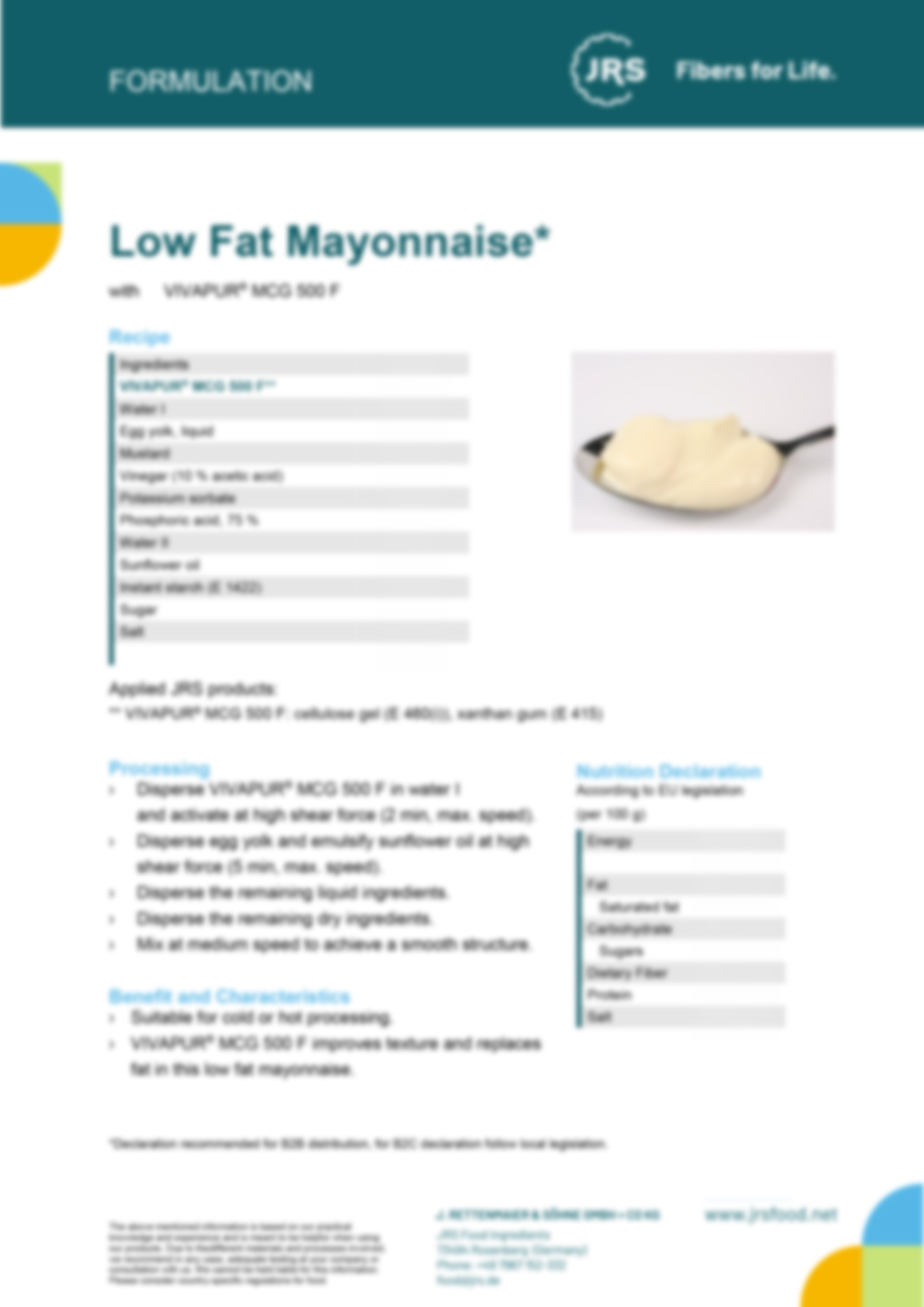 Sauce Applications low fat mayonnaise