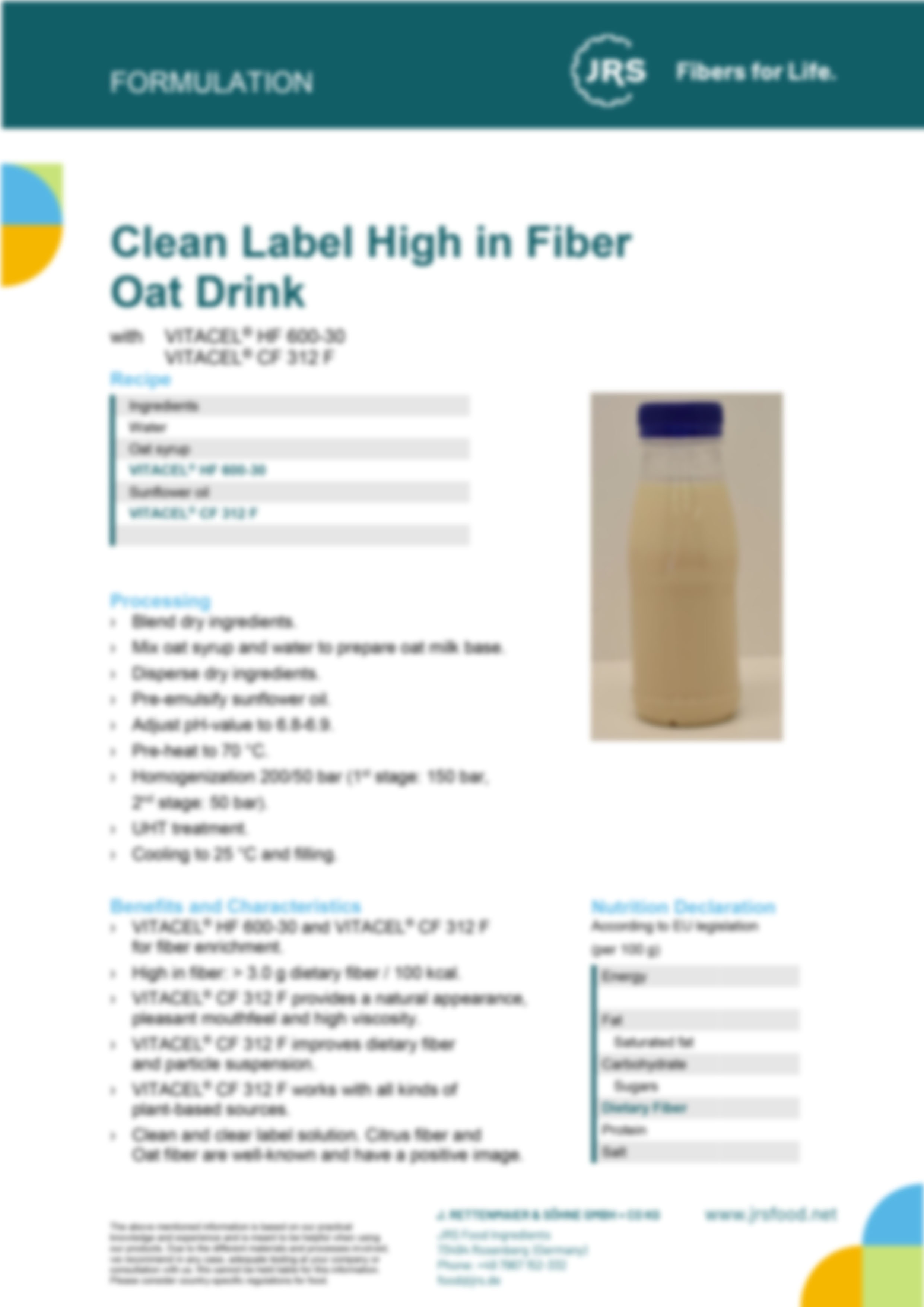 Clean Label Hight in Fiber Oat Beverages CF